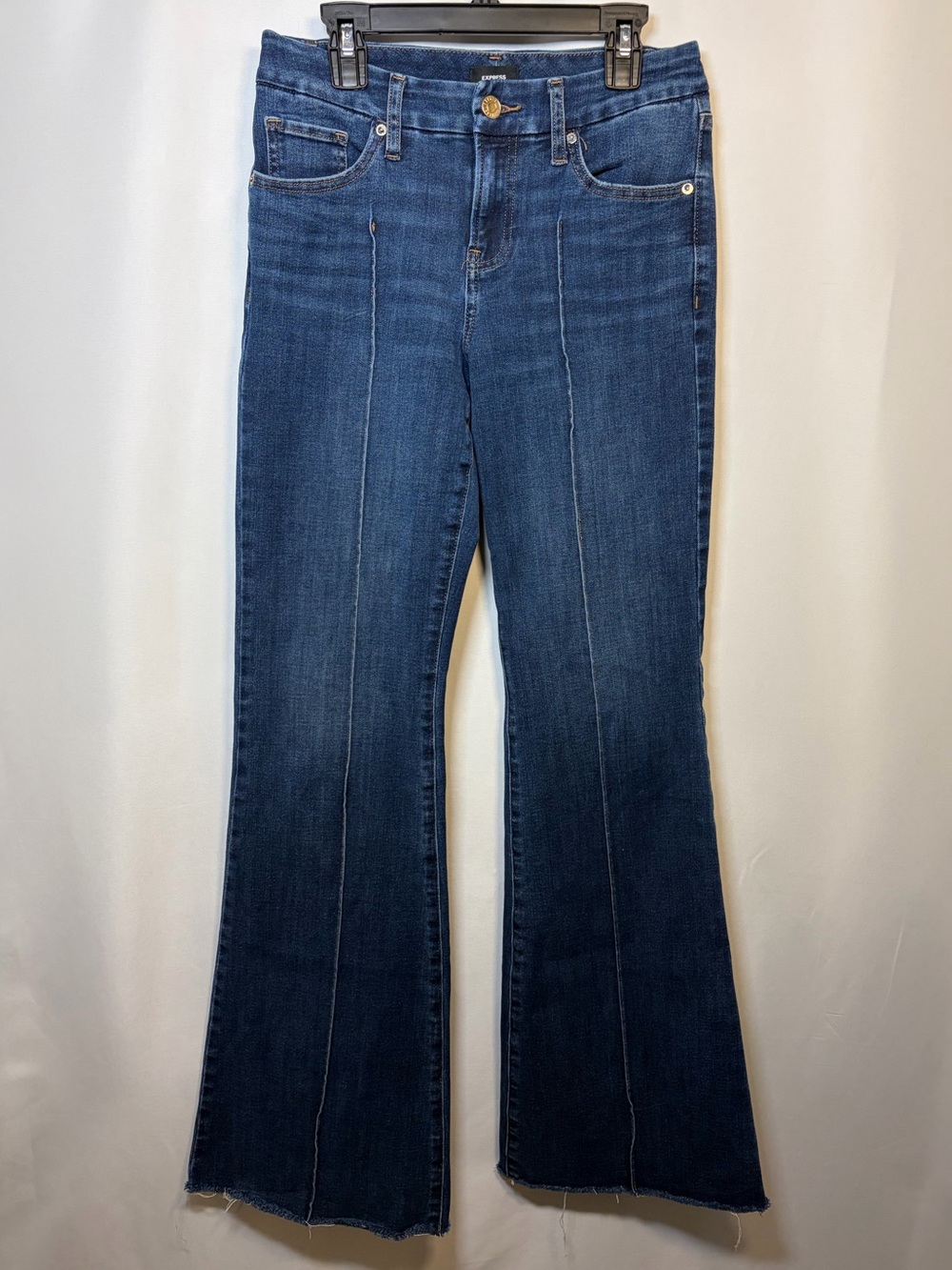 Express '70s Flare Mid Rise Flexx Hyper Stretch Dark Wash Pinstripe Women Jeans